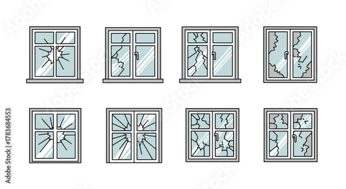 Set of eight modern outline style icons depicting broken windows with various crack patterns, presented on a clean white background, perfect for design elements in cards, apps, and social networks