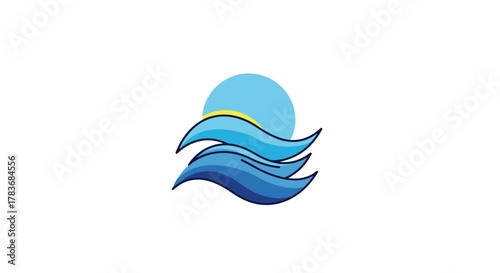 Stylized seascape featuring a pastel sun and stylized blue ocean waves depiction