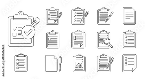 Collection of outline clipboard icons with various elements like checkmarks, pencils, magnifying glass, and graphs, perfect for infographics, articles, books, flyers, and banners. Editable stroke