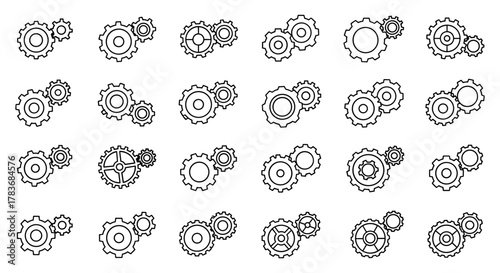 Collection of thin line icons representing various cogwheels and gears, perfect for web, books, cards, and apps. This editable stroke vector cartoon illustration features a white background
