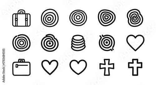 Collection of stylized line icons featuring a suitcase, concentric circles, a heart symbol, and a cross, presented on a clean white background, ideal for graphic design, web development, app