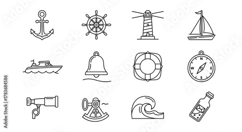 Collection of nautical-themed line icons, featuring an anchor, ship's wheel, lighthouse, sailboat, motorboat, bell, lifebuoy, compass, spyglass, sextant, wave, and message in a bottle, perfect for