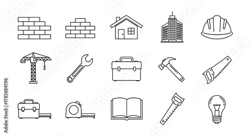 Collection of Building and Construction Related Line Icons: Brick Wall Outlines, House, Skyscraper, Hard Hat, Crane, Wrench, Toolbox, Hammer, Saw, Measuring Tape, Open Book, and Light Bulb. Perfect