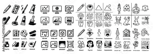 Art styles and tools illustrated in black and white