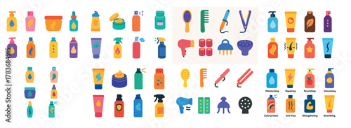 Colorful hair care products and styling tools collection