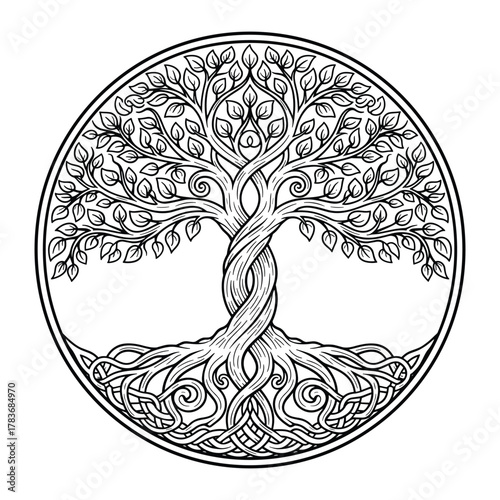 Celtic Tree of Life Symbol – Sacred Knotwork Yggdrasil Design for Tattoos, Spiritual Art, and Pagan Decor, vector illustration, isolated black and white, Vector art