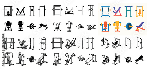 Gym equipment icons in various styles and colors