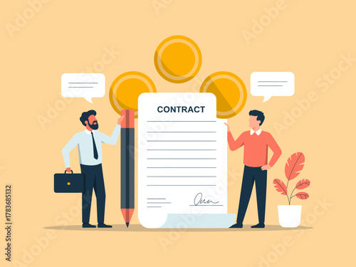 An illustration depicting two businessmen discussing and signing a contract, symbolizing negotiation and agreement in business, complemented by coins representing financial success.