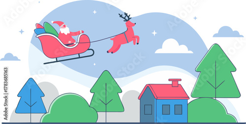 Santa Claus Flying Over Winter Village on Christmas Eve