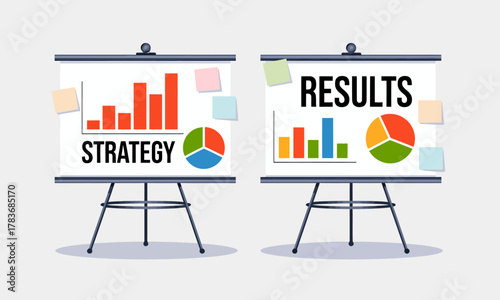 Two presentation boards showcasing business strategies and results with clear graphics, highlighting the importance of data visualization in effective communication and decision-making.