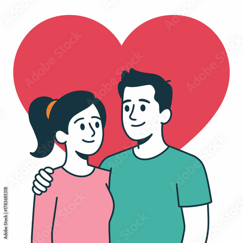 An affectionate illustration showcasing a couple standing in front of a large heart, embodying love, connection, and the warmth of romantic relationships and partnerships.