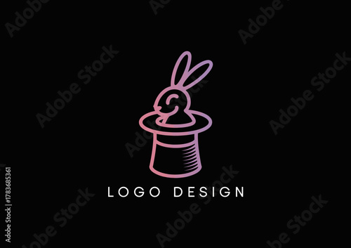 A whimsical logo design featuring a cute rabbit emerging from a top hat, representing magic, illusion, and entertainment, perfect for a magic-themed brand.