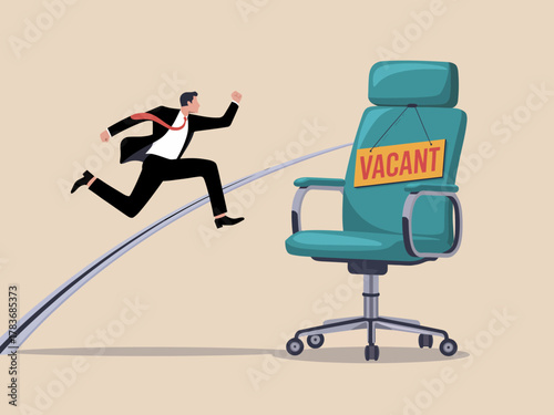 A businessman in a suit dashes towards a vacant office chair, symbolizing ambition and the pursuit of leadership roles in a competitive business environment, highlighting career opportunities.