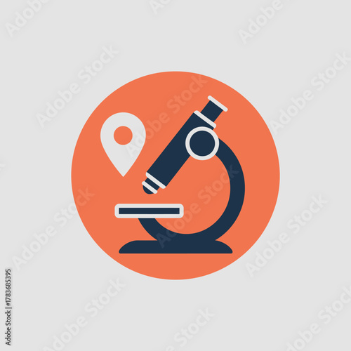 An informative graphic icon showing a microscope alongside a location pin, symbolizing scientific exploration, research, and location-based studies in a modern style.