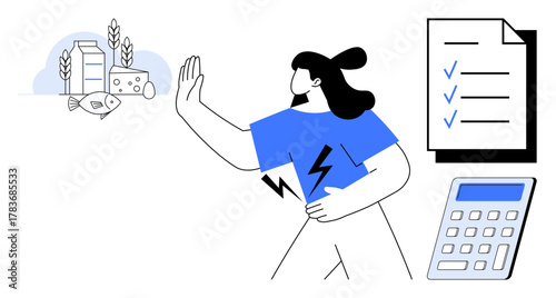 Woman gesturing to avoid allergens thumbs up dairy, fish, and wheat with a checklist and calculator for dietary planning. Ideal for health, wellness, allergies, food choices, nutrition, planning