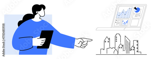 Woman holding tablet and gesturing toward laptop with analytics and cityscape. Ideal for business, data analysis, urban planning, statistics, consulting, decision-making, simple flat metaphor