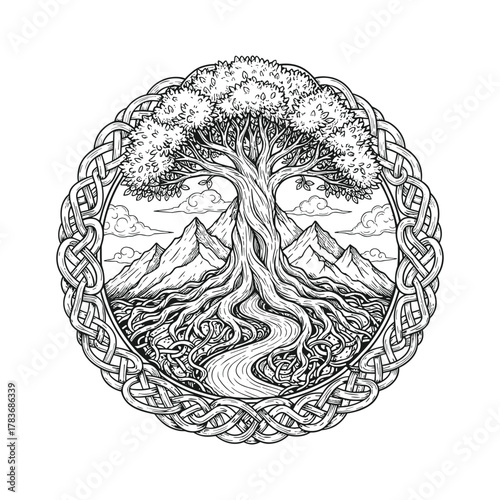 Celtic Tree of Life Symbol – Sacred Knotwork Yggdrasil Design for Tattoos, Spiritual Art, and Pagan Decor, vector illustration, isolated black and white, Vector art