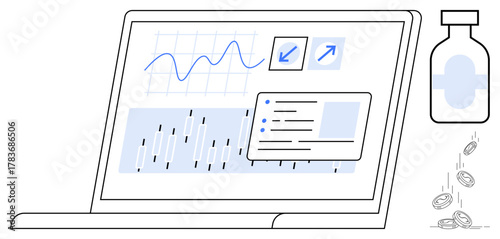 Laptop featuring health data graphs and analytics, medicine bottle spilling pills. Ideal for healthcare, technology, data analysis, medical research, pharmaceutical insights, health monitoring