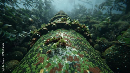 Underwater Pipe Covered in Moss and Algae Revealing a Mysterious Landscape