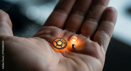 A tiny glowing light bulb and a small gear held in a persons open palm, symbolizing innovation and ideas.
