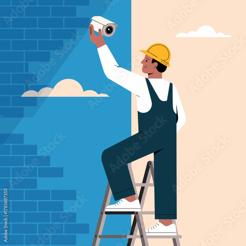 A dedicated worker in a helmet installs a security camera, representing the importance of safety and surveillance in modern living environments and urban spaces.