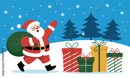 This festive image of Santa Claus cheerfully carrying gifts in a snowy landscape captures the joyful spirit of Christmas and the joy of giving during the holiday season.