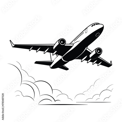 Airplane flying through clouds in a sketch style illustration