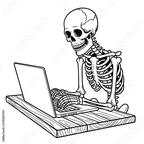 Skeleton working on a laptop computer on a wooden desk
