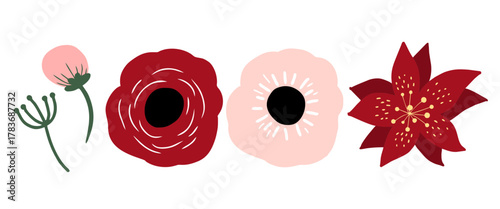 Floral bouquet elements in flat decorative style, ideal for invitations, greeting cards, scrapbooking, stickers, packaging, and botanical themed craft projects.