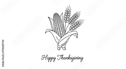 Simple line art illustration of a corn cob and wheat stalks with happy thanksgiving text below