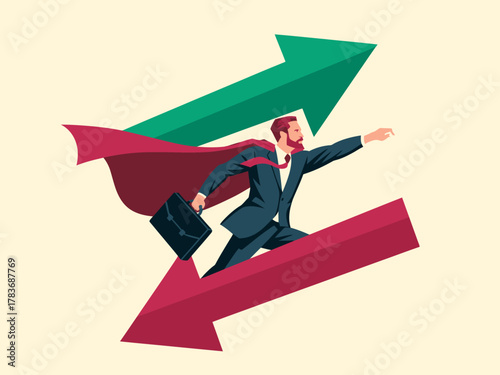 An eye-catching representation of a businessman in a superhero pose, symbolizing ambition, success, and the drive to overcome challenges in a vibrant and dynamic business environment.