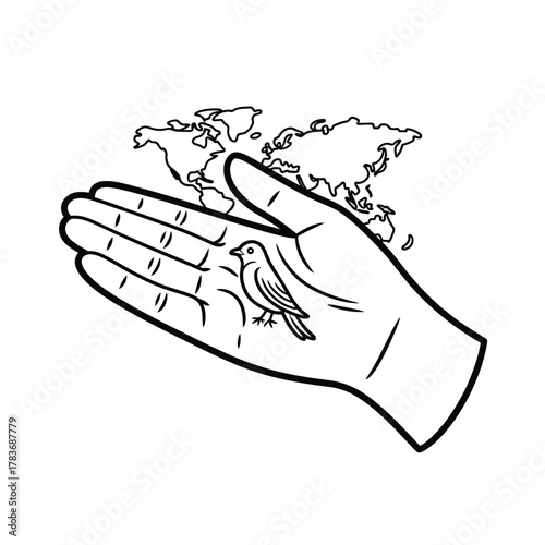 Hand holding a bird with a world map above