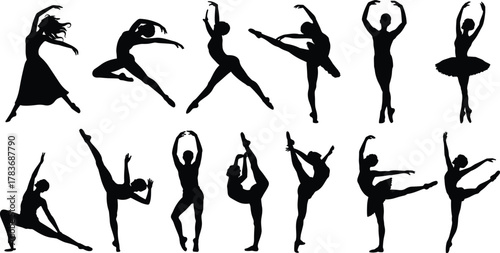 Ballet dancer silhouettes, elegant poses, classical dance, arabesque, plié, pirouette, black figures, white background, graceful movement, performing arts, silhouette collection, ballet technique