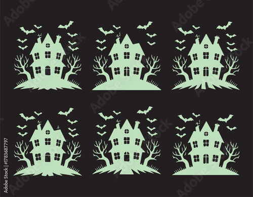 Haunted house silhouette collection with spooky trees and flying bats