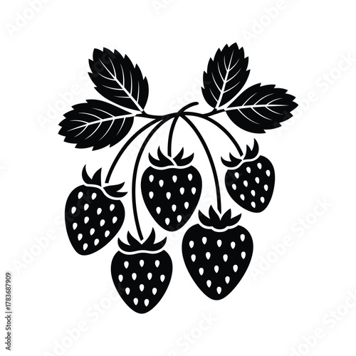 Black and white illustration of a cluster of ripe strawberries with leaves