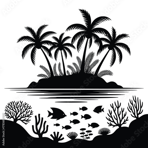 Tropical island silhouette with coral reef and fish underwater