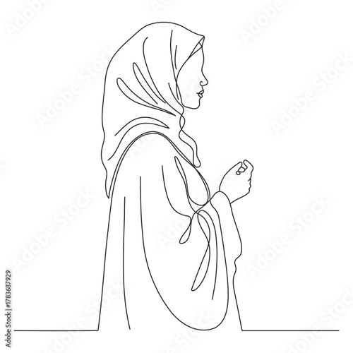 Continuous line drawing of a Muslim woman wearing a hijab. Single line vector of an Arab woman isolated on a white background. Editable line