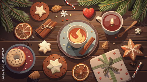 Christmas cookies, cinnamon sticks, a present, pine leaves, an orange slice, and cocoa on an old wooden table, top view
