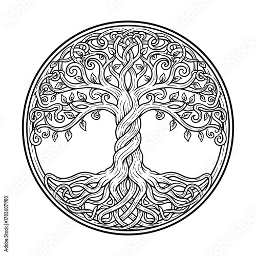 Celtic Tree of Life Symbol – Sacred Knotwork Yggdrasil Design for Tattoos, Spiritual Art, and Pagan Decor, vector illustration, isolated black and white, Vector art