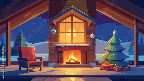 Cozy wooden cabin exposed to the outdoors with an armchair and a pine tree surrounded by gifts.