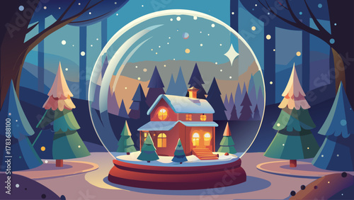 miniature tiny cute house inside  a snow globe in the middle of a forest covered with pine trees.