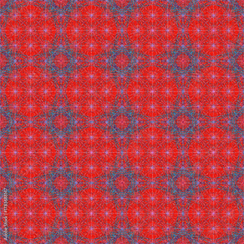 Vibrant red and cyan seamless kaleidoscopic pattern background. Digital abstract texture with repetitive floral/starburst geometric motif for fabric, wrapping, or web design.