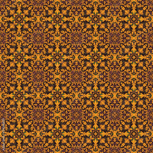Rich, seamless baroque pattern background in warm autumn colors: burnt orange, gold, and dark brown. Ornate, textured Victorian-style digital paper for fabric, wallpaper, or web.