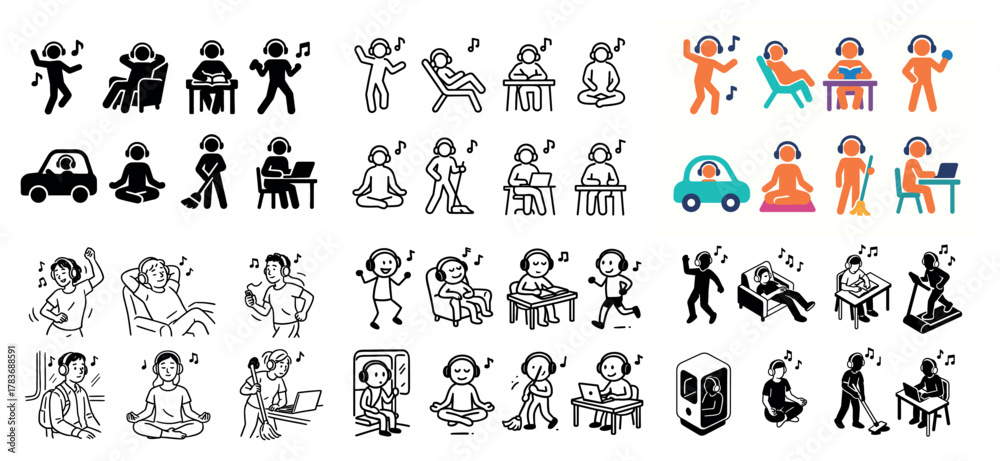 Obraz premium Diverse cartoon characters listening to music activities