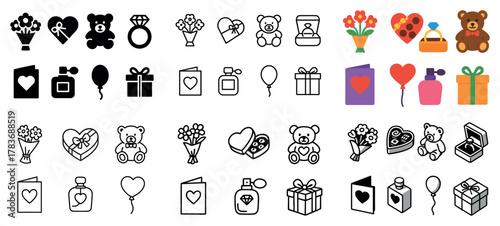 Valentine's icons collection with gifts and hearts