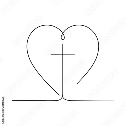 Christian church symbol logo in continuous line drawing style. Line art of a heart with Christian cross. One Continuous line drawing cross of Christ and heart. Editable stroke.