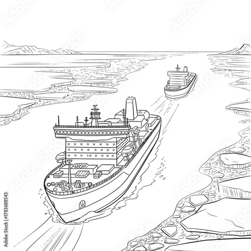 Two cargo ships navigate a narrow waterway with textured banks