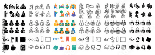 Diverse reading and studying icons collection