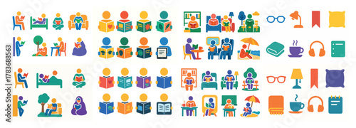 Colorful icon set: reading, relaxation, technology