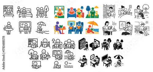 Cartoon people reading in various relaxed settings